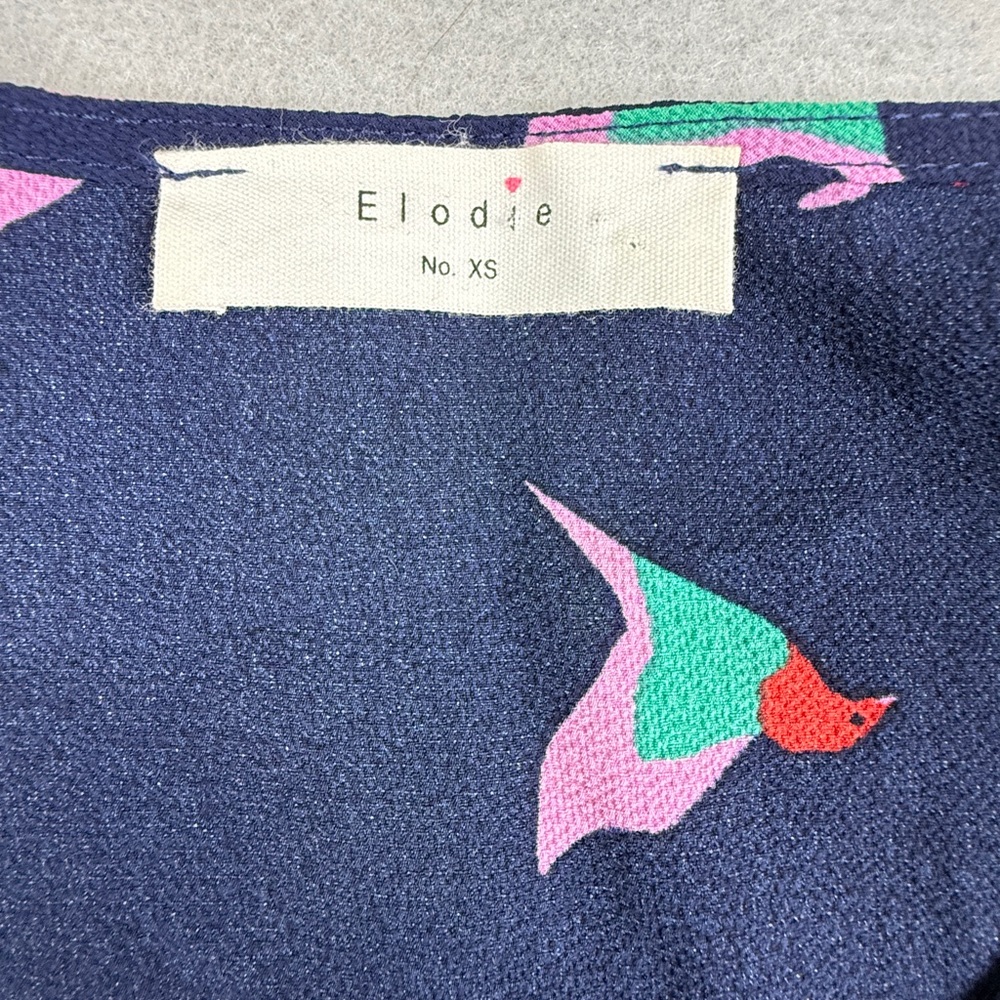 Elodie Bird Print Peplum Blouse Womens XS Navy Ruched Ruffle Cottagecore - Picture 5 of 7
